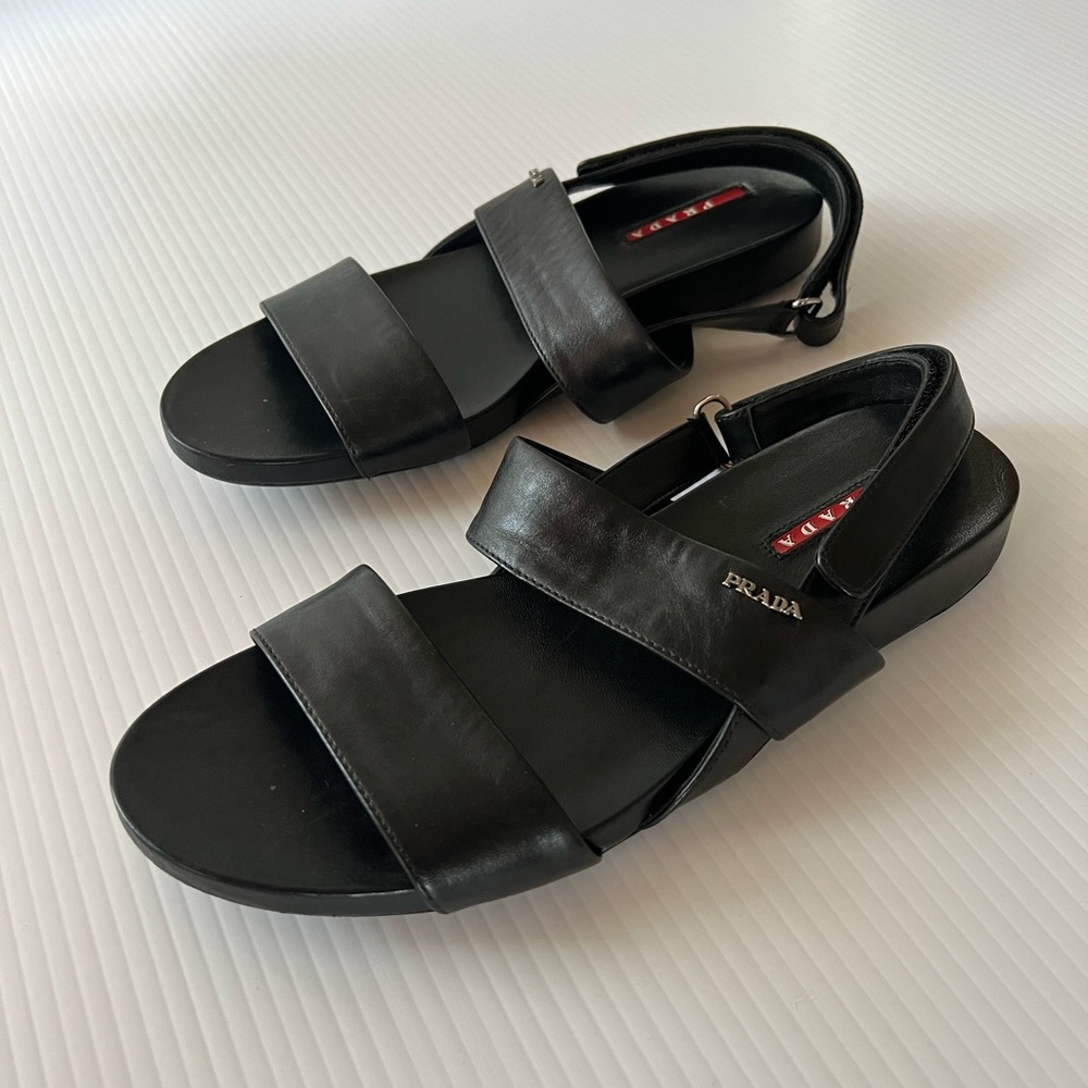 Prada Black Leather Double-Strap Slingback Sandals